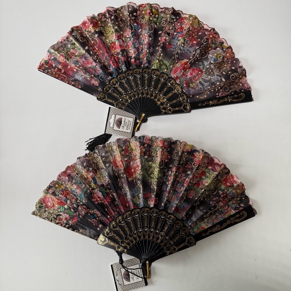 NWT Pair Of 2 Foldable Folding Hand Held Fans Pink Black Floral Glitter Fabric